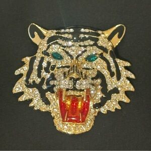 Gold and Red Tiger Brooch with Crystals